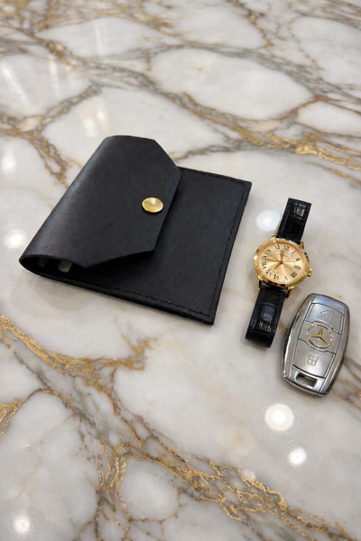 Black Leather Clutch Tract Holder Gold