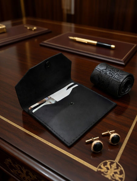Black Leather Clutch Tract Holder Gunmetal